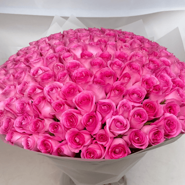 100 premium pink roses hand-tied into a grand romantic bouquet by Goshen Flower in Dubai