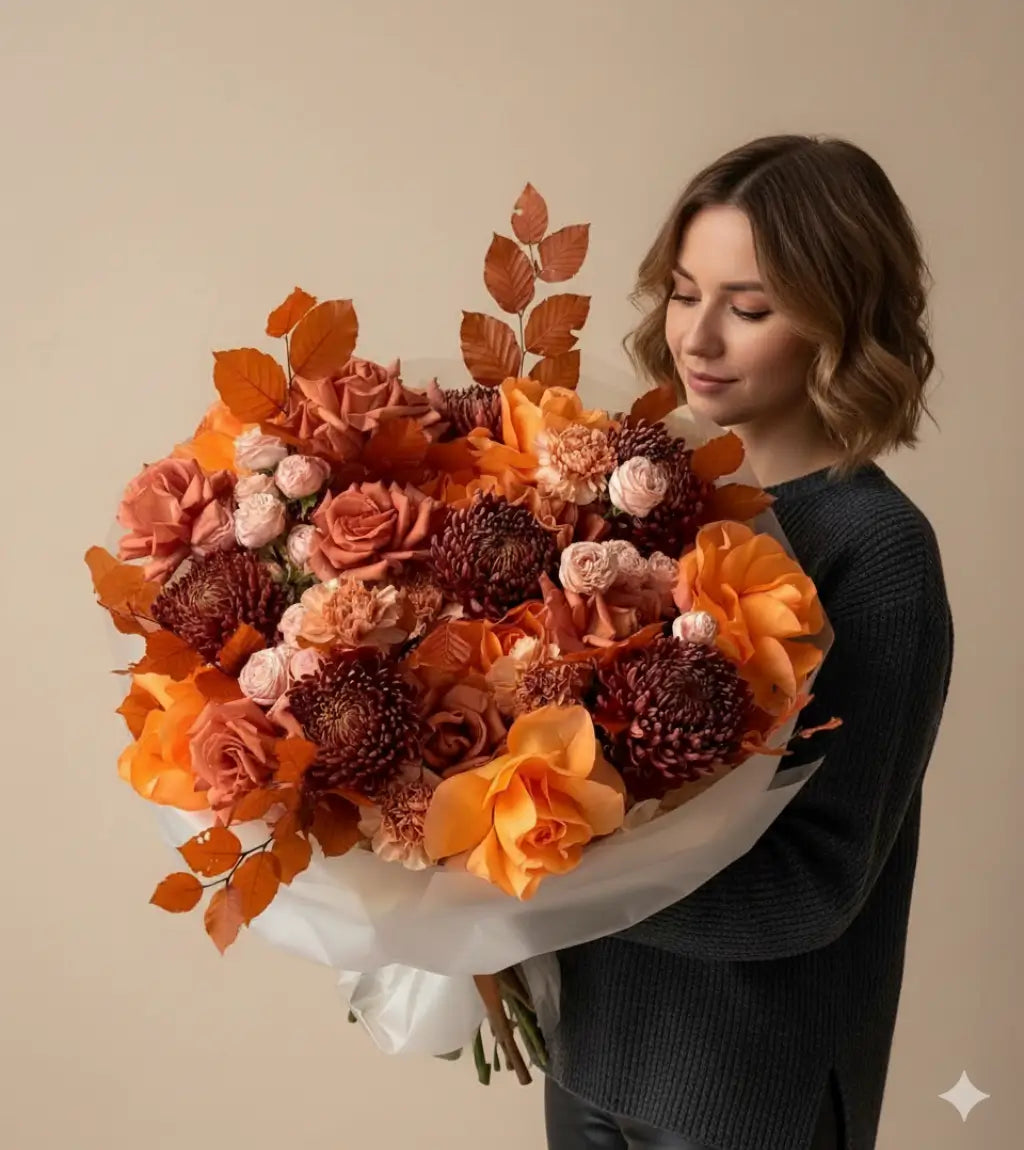 Jewel Sparkle Bouquet with orange roses, burgundy chrysanthemums and blush spray roses, wrapped in white paper