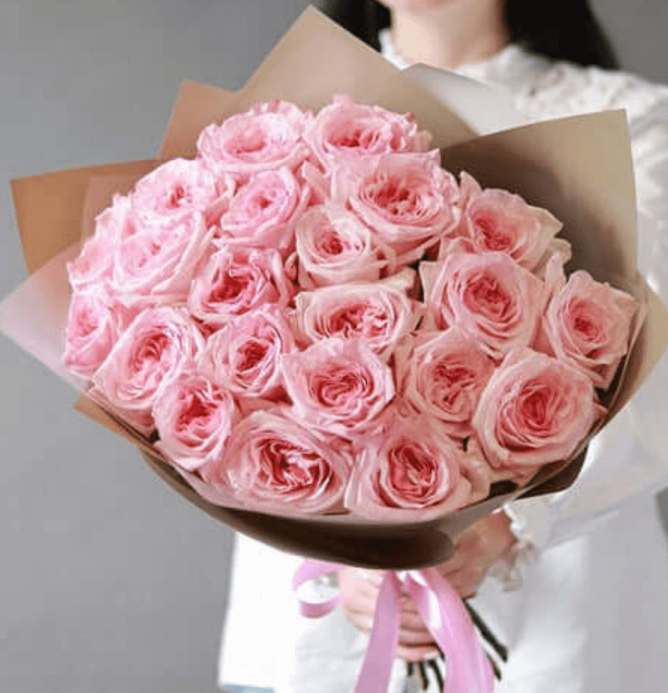 Pink O'Hara Roses bouquet with eucalyptus, delivered in Dubai
