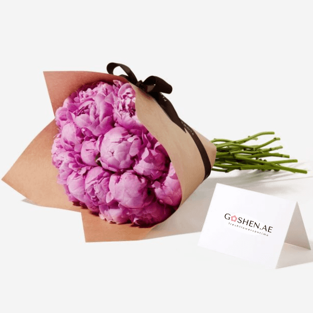 Luxury pink peony flower bouquet wrapped in elegant paper, perfect for romantic gifts and same-day flower delivery in Dubai.