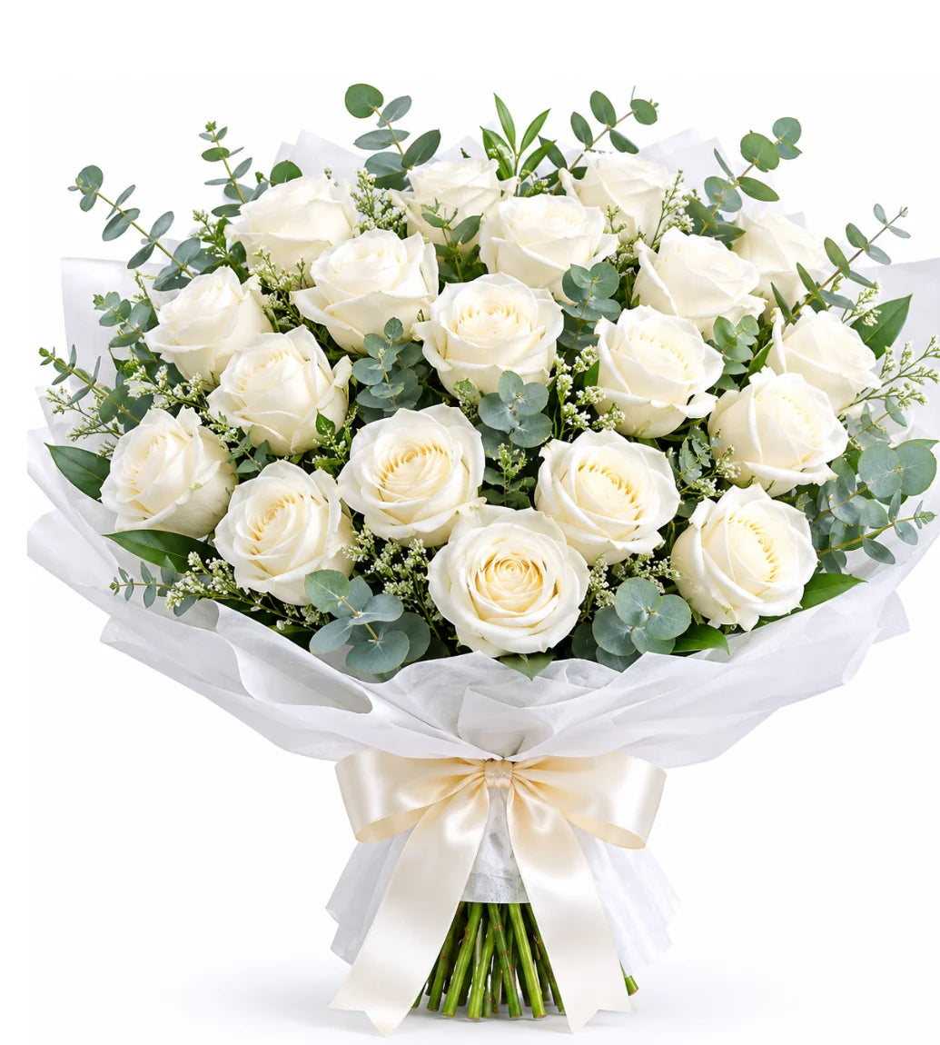 White rose condolence bouquet Dubai,20 premium Holland roses with eucalyptus by Goshen Flower.