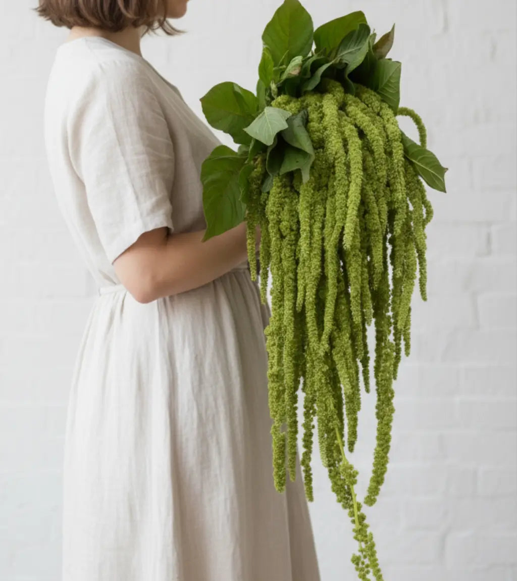 cascading green hanging amaranthus bouquet with long flowing tassel stems