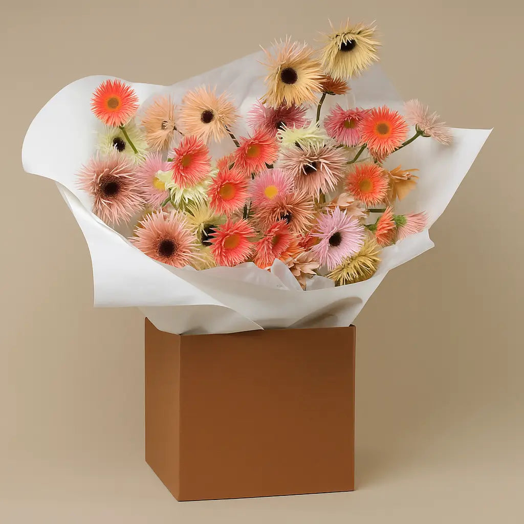 Pastel Breeze bouquet with bright gerbera daisies in pink, orange, and yellow, arranged in a white paper wrap and kraft box – same-day flower delivery in Dubai.