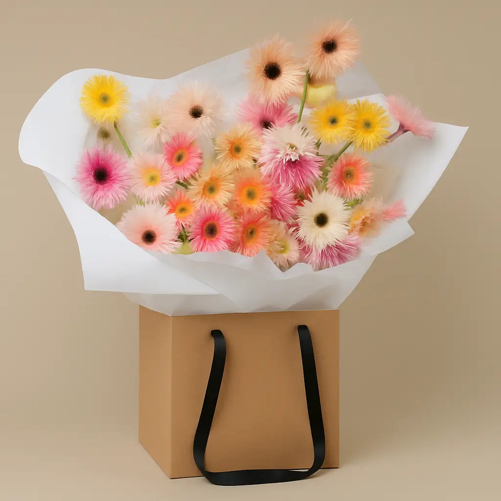 Soft pastel Gerbera daisies in peach, yellow, and cream arranged in a light brown kraft bag with black ribbon handles – Pastel Breeze flower arrangement, Dubai.