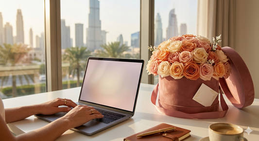 A woman's hands typing on a laptop beside an open luxury rose hatbox arrangement on a white desk in a Dubai home, representing online flower ordering
