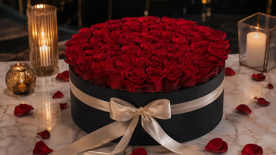 Luxury birthday flower hatbox arrangement Dubai — deep red Holland roses by Goshen Flower