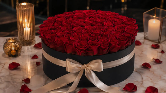 Luxury birthday flower hatbox arrangement Dubai — deep red Holland roses by Goshen Flower