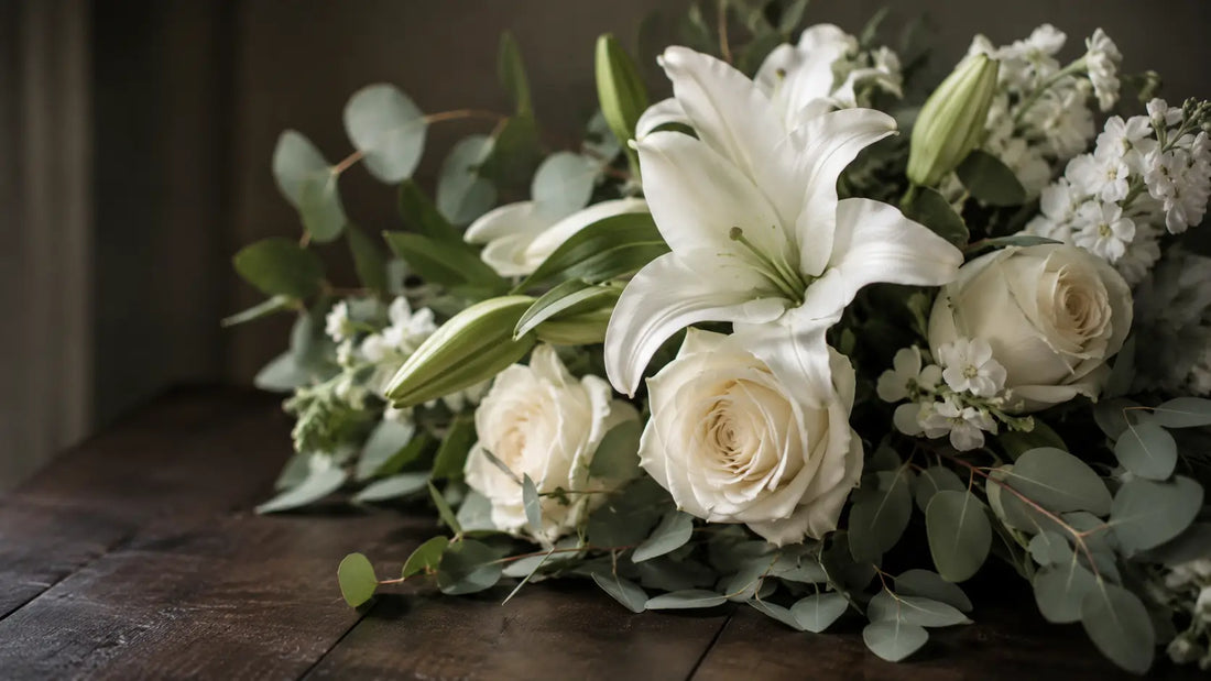White sympathy flower arrangement Dubai — white roses, lilies and eucalyptus by Goshen Flower