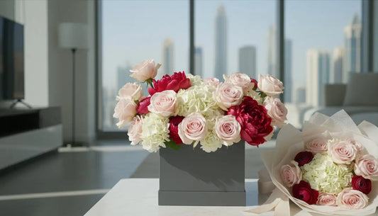 Luxury flower bouquet delivery Dubai with pink roses and white hydrangeas in elegant box arrangement