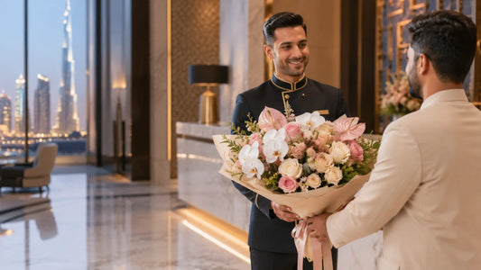 Luxury flower bouquet delivery to a hotel concierge in Dubai lobby with elegant interior and pastel floral arrangement
