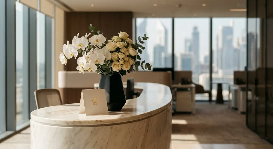 White orchid and cream rose arrangement on a corporate reception desk in Dubai