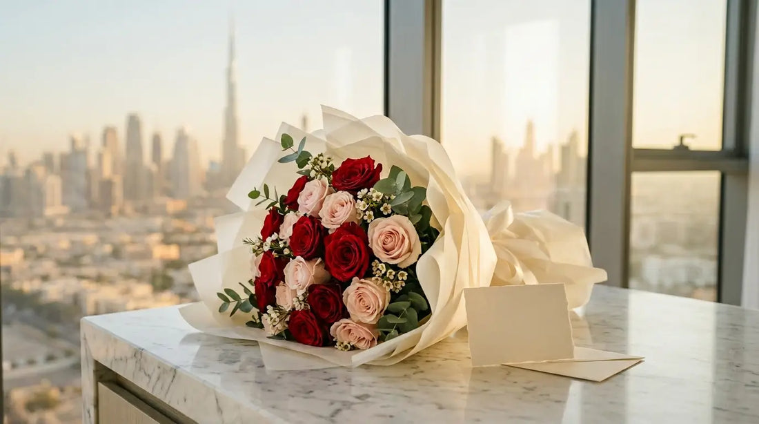 Fresh rose bouquet for same-day flower delivery in Dubai, photographed in morning light with the Dubai skyline in the background