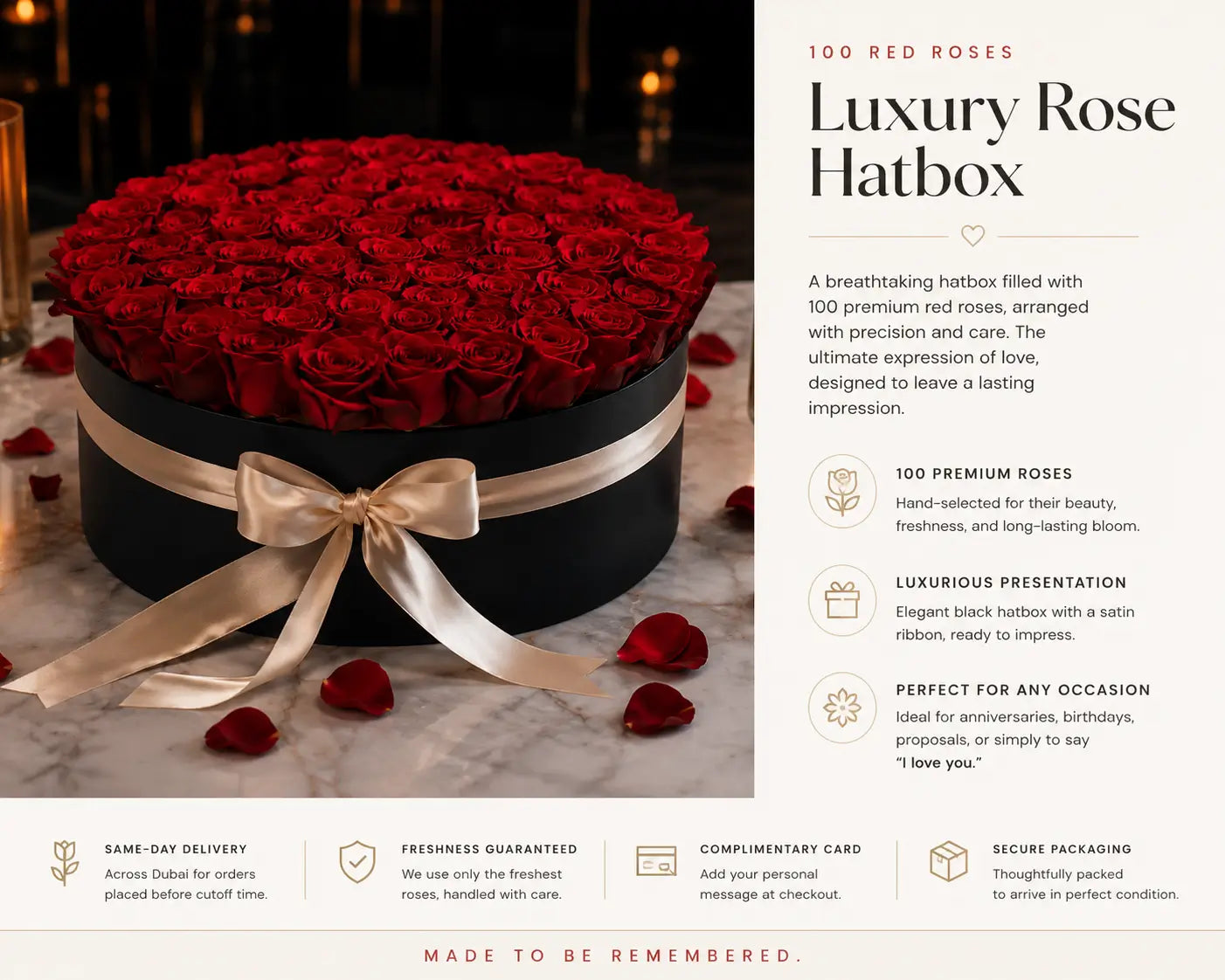 100 red roses in black luxury hat box with champagne ribbon Dubai gift uae