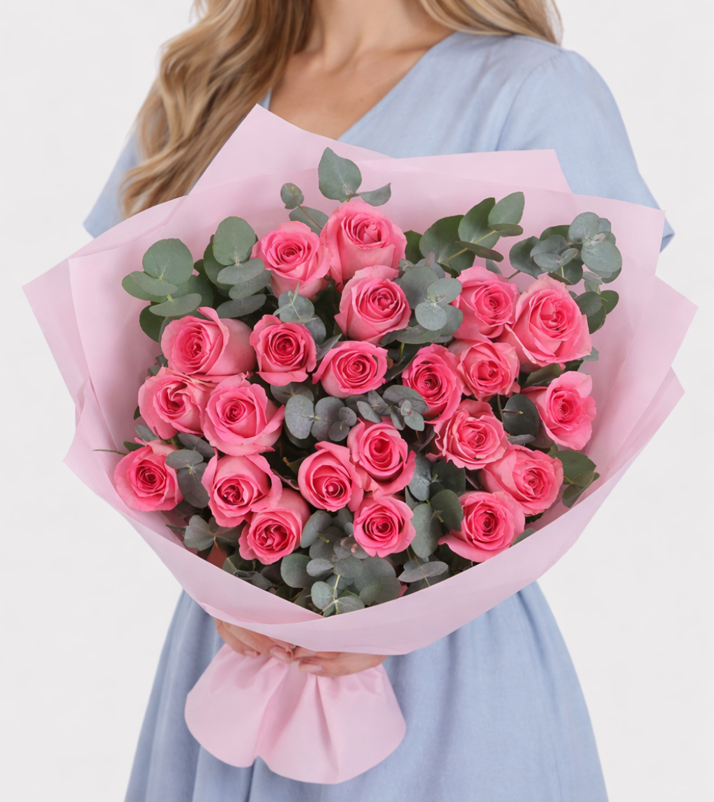 Pink rose bouquet delivery Dubai — 24 premium blush pink roses in luxury satin gift box, same-day flower delivery across Dubai and UAE
