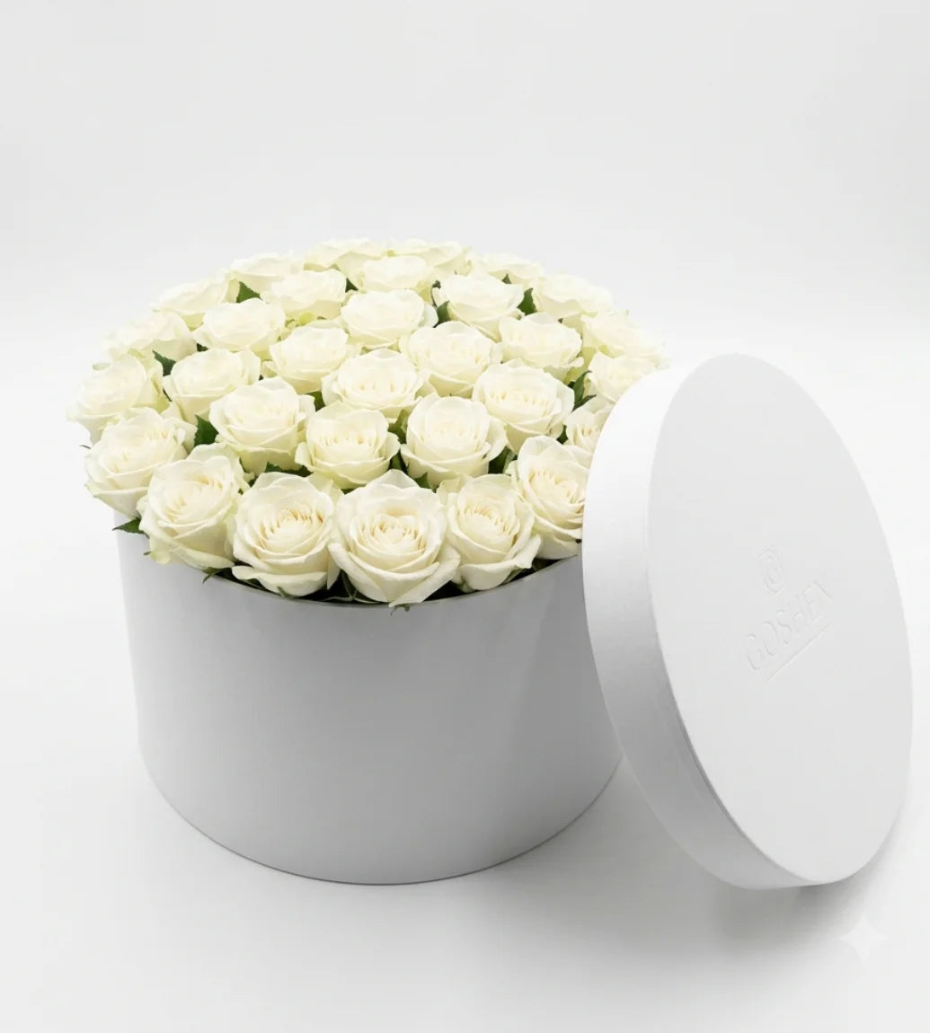 30 White rose sympathy hatbox arrangement Dubai — signature condolence flowers by Goshen Flower