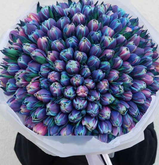 Rare double petal blue tulips in modern floral arrangement Dubai