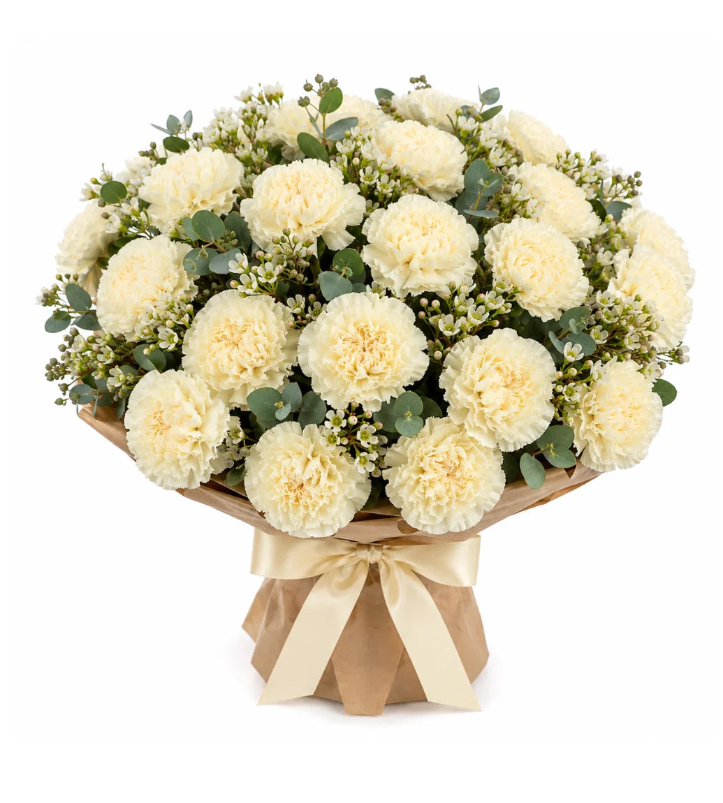 Cream carnation condolence bouquet Dubai — long-lasting sympathy flowers by Goshen Flower