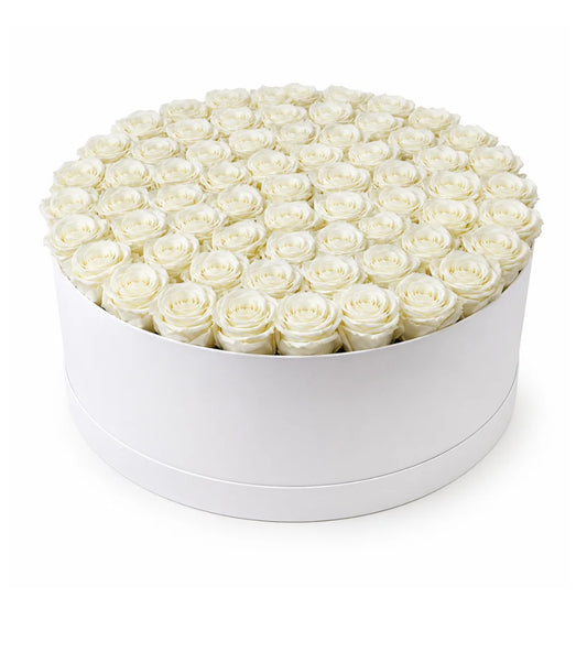 Grand sympathy hatbox 50 white roses Dubai — premium condolence flowers by Goshen Flower