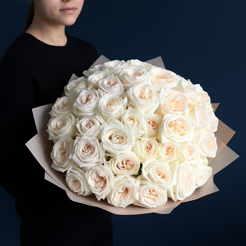 White O’Hara Rose bouquet with soft ivory petals and romantic fragrance, perfect for weddings in Dubai.
