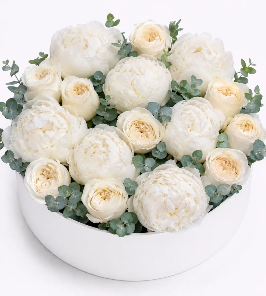 White peony and rose condolence box arrangement Dubai — sympathy flowers by Goshen Flower