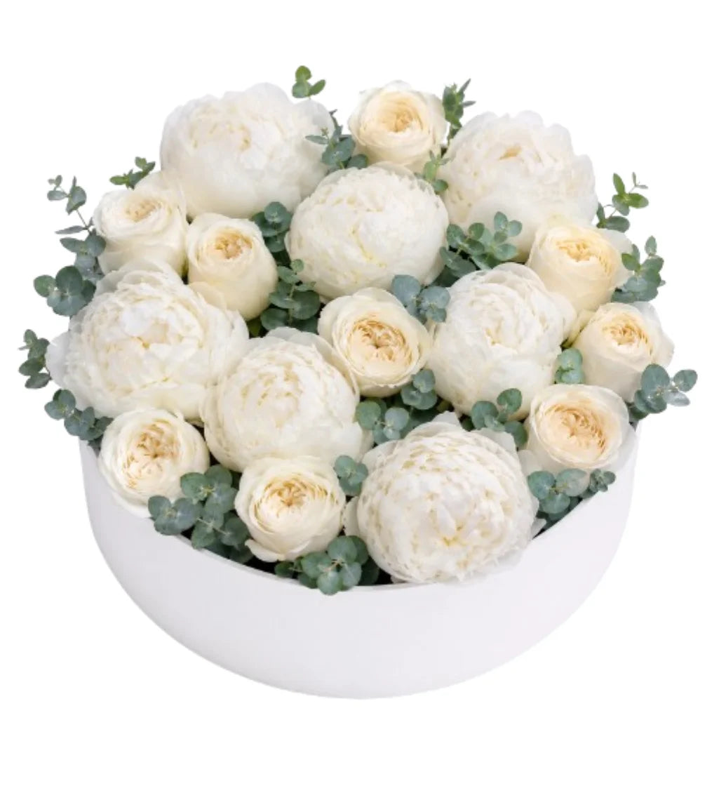 White peony and rose condolence box arrangement Dubai — sympathy flowers by Goshen Flower