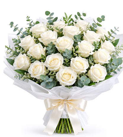 White rose condolence bouquet Dubai,20 premium Holland roses with eucalyptus by Goshen Flower.