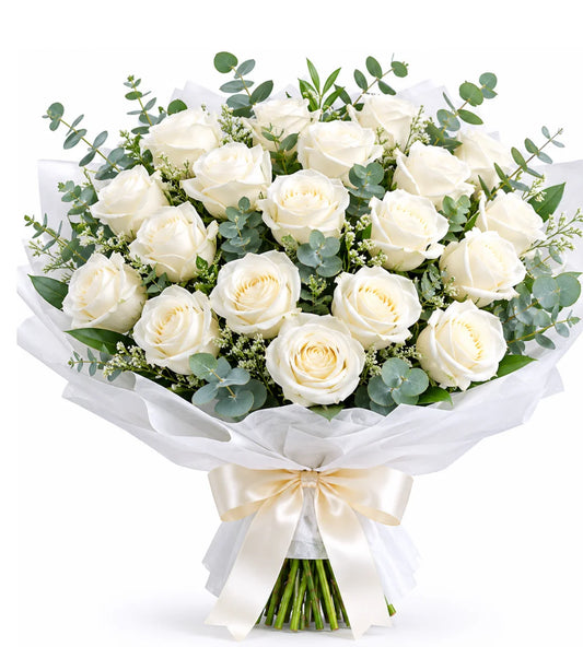 White rose condolence bouquet Dubai,20 premium Holland roses with eucalyptus by Goshen Flower.