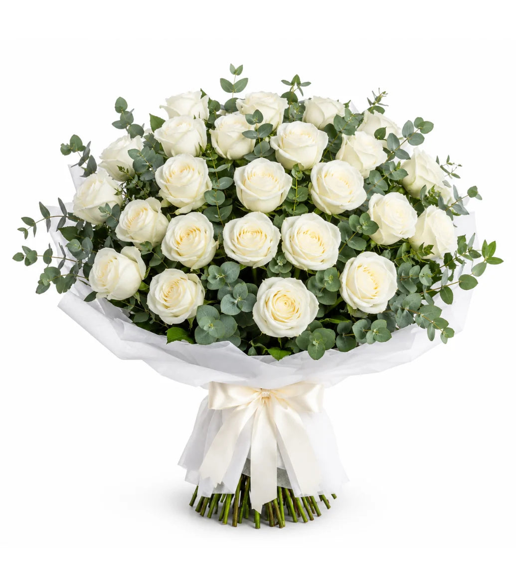 White rose condolence bouquet Dubai — 20 premium Holland roses with eucalyptus by Goshen Flower