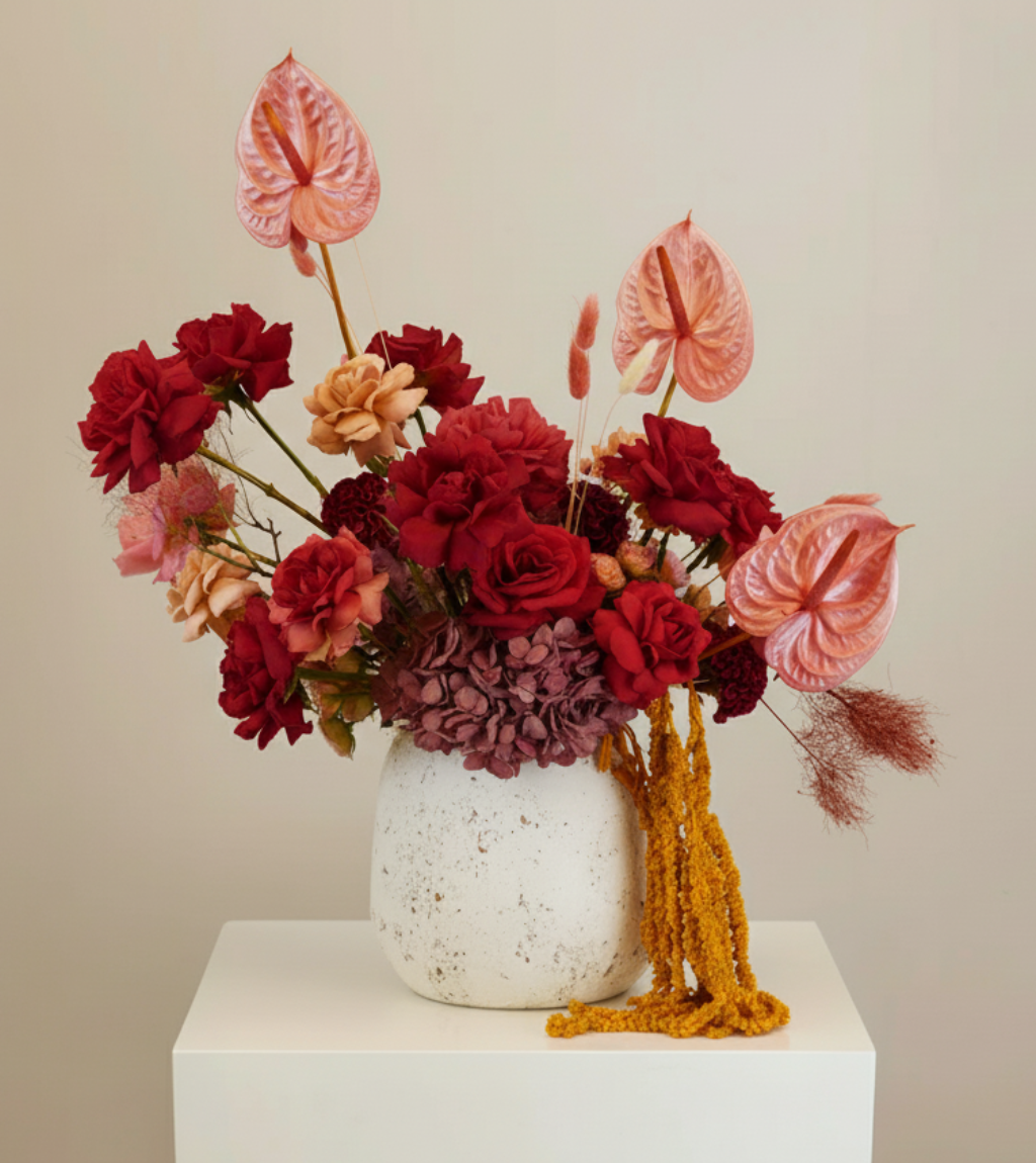 Anthurium Elegance luxury floral arrangement with blush anthuriums and red roses in minimalist ceramic vase - Dubai flower delivery