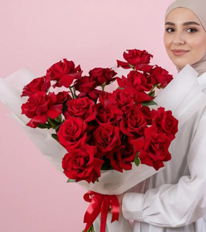 Crimson Devotion — 30 Ever Red roses with pistachio greenery, hand‑tied bouquet — flower delivery Dubai