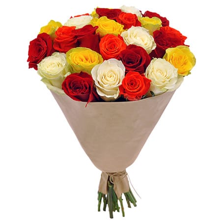 Love in Bloom Bouquet with 30 red, white, and yellow roses – flower delivery Dubai