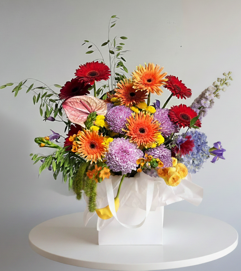 Luxury colorful flower bouquet in Dubai with gerberas, hydrangea and anthurium
