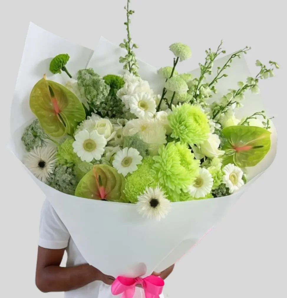 Minted Elegance luxury white and green flower bouquet with roses, gerberas, and anthuriums – same-day flower delivery in Dubai