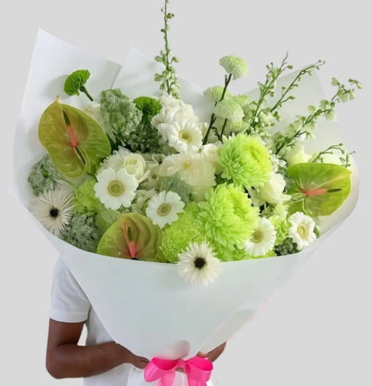 Minted Elegance luxury white and green flower bouquet with roses, gerberas, and anthuriums – same-day flower delivery in Dubai