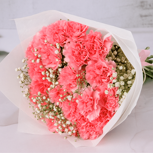 Pink carnation bouquet hand-tied by Goshen Flower in Dubai. A soft and elegant floral arrangement for sweet and thoughtful gifting.