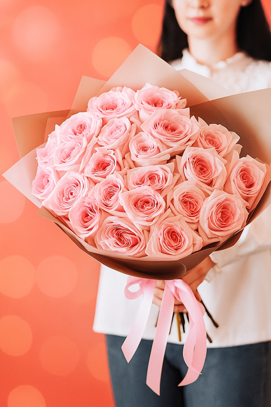 Elegant Pink O'Hara Roses bouquet with eucalyptus, delivered in Dubai