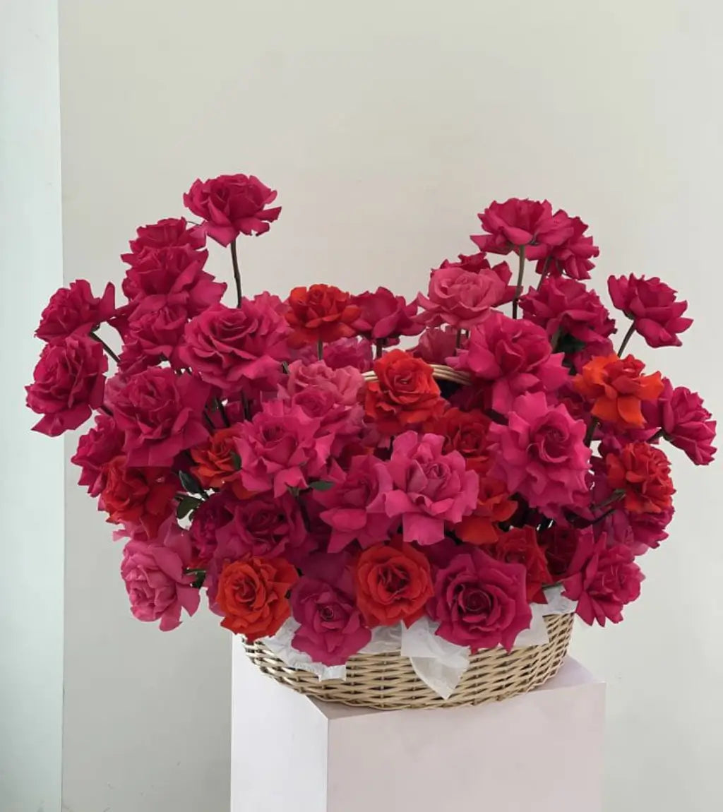Close-up of luxury pink and red roses in the Rose Couture Basket – Goshen Flower UAE