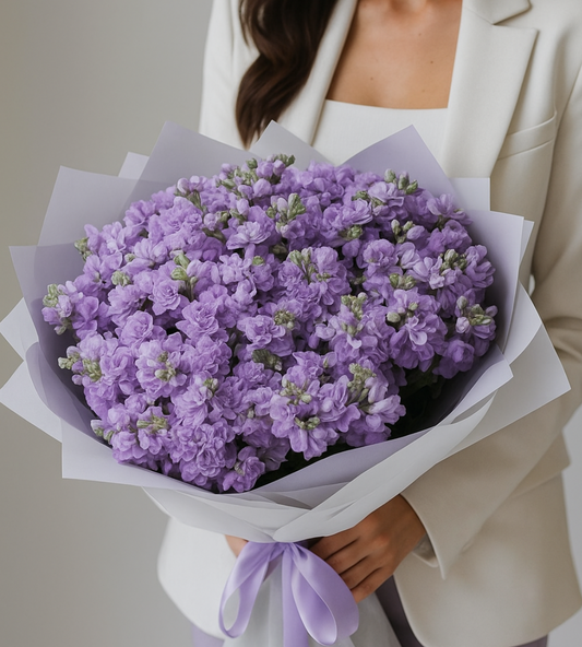 Elegant Purple Matthiola bouquet for same-day flower delivery in Dubai – hand-tied and beautifully wrapped