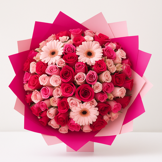 Soft Lifestyle Bouquet with pink Gerberas and pastel roses, designed for long-lasting freshness and flower delivery in Dubai.