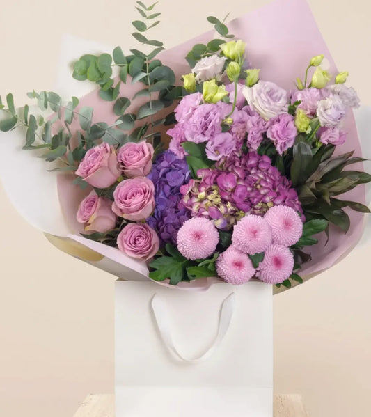 Tokyo Bouquet luxury purple rose flower bouquet with hydrangea, lisianthus and chrysanthemums – same-day flower delivery in Dubai UAE