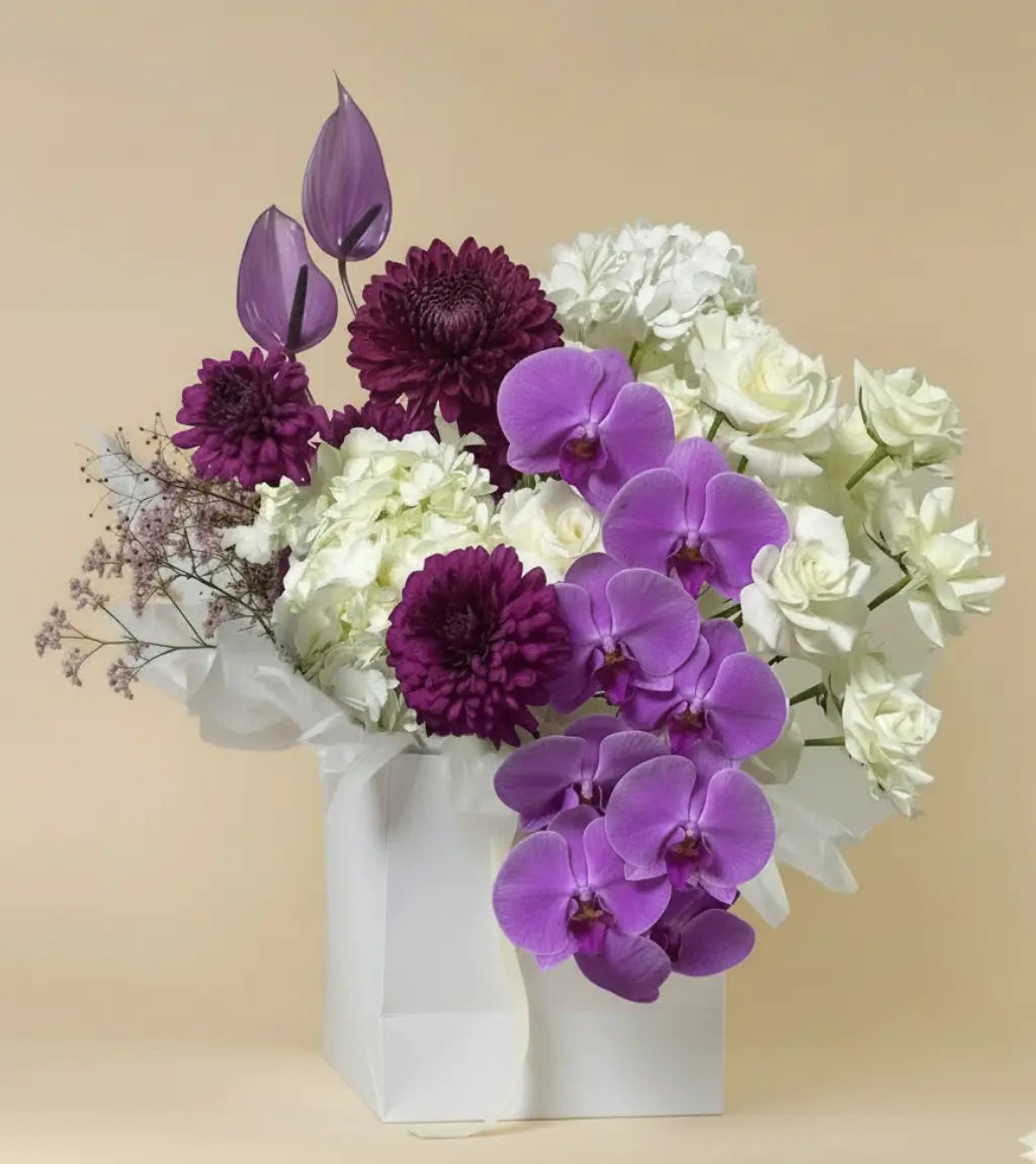 Violet Reverie luxury flower bouquet featuring purple Phalaenopsis orchids, deep plum chrysanthemums, white hydrangeas and spray roses in a white gift box