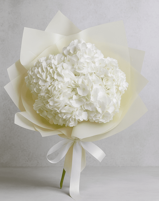 Elegant bouquet of white hydrangeas from Goshen Flower, hand-tied and available for same-day delivery in Dubai.